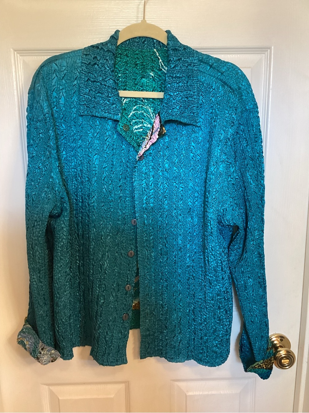 Teal Textured Reversible Button-Front Women's Jacket